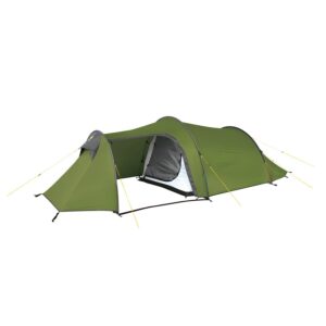 Low-profile green tunnel tent with arched poles and yellow guylines, open front vestibule revealing a grey inner sleeping area.