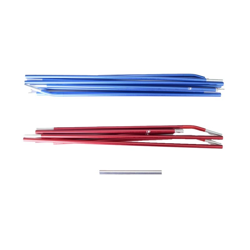 zoom_Coshee_3_Pole_Set-3.jpg Three sets of collapsible aluminium tent poles on a white background: a bundle of blue poles at the top, a bundle of red poles in the middle, and a short silver pole below.