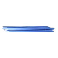 Stack of collapsed metallic blue camping tent poles laid horizontally on a white background.