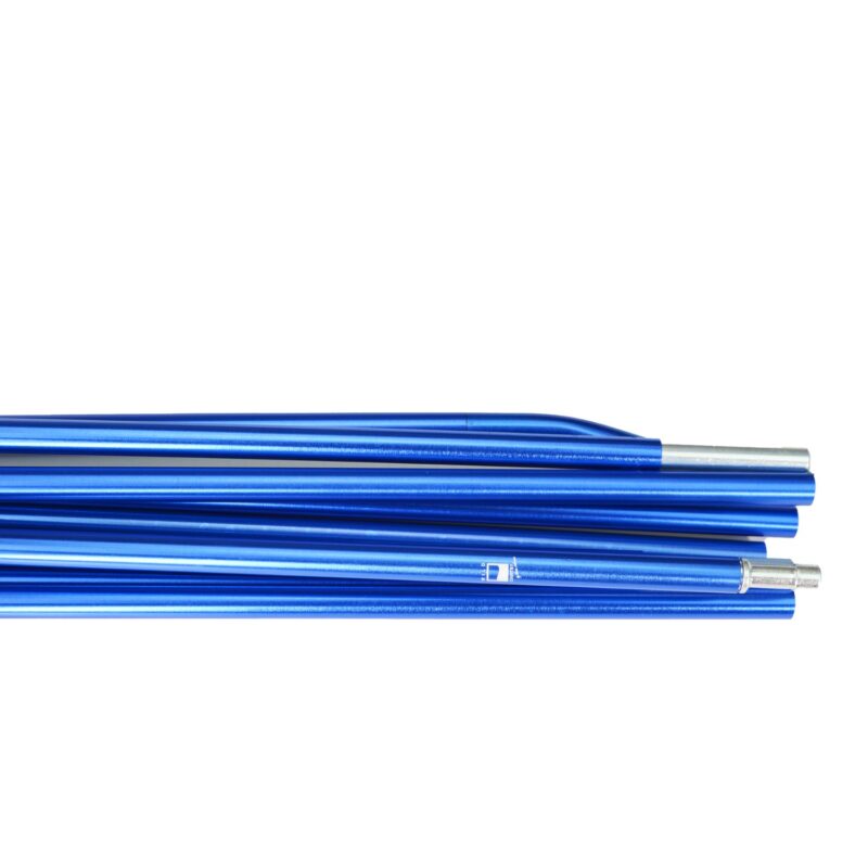 zoom_Coshee_3_Pole_Set_3-3.jpg Stack of metallic blue segmented tent poles laid horizontally on a white background with visible silver connector ends.