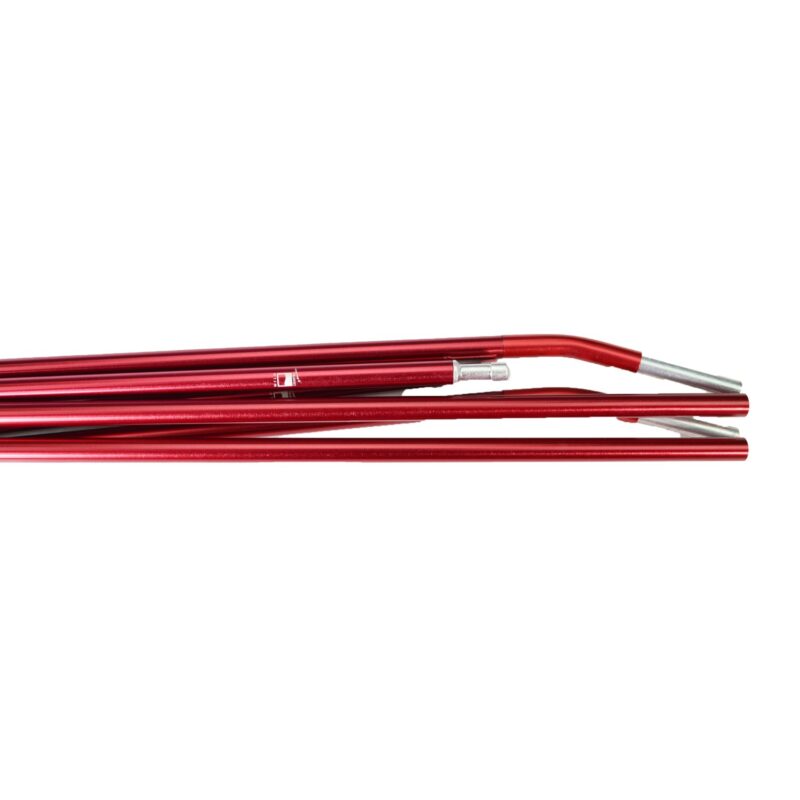 zoom_Coshee_3_Pole_Set_4-3.jpg Red anodised aluminium tent poles with a silver ferrule connector, stacked horizontally on a white background.