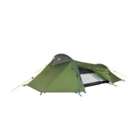 Low-profile two-person green tunnel tent with a grey rainfly, blue poles and yellow guy lines, one side partially opened to reveal a mesh inner and black bathtub-style floor.