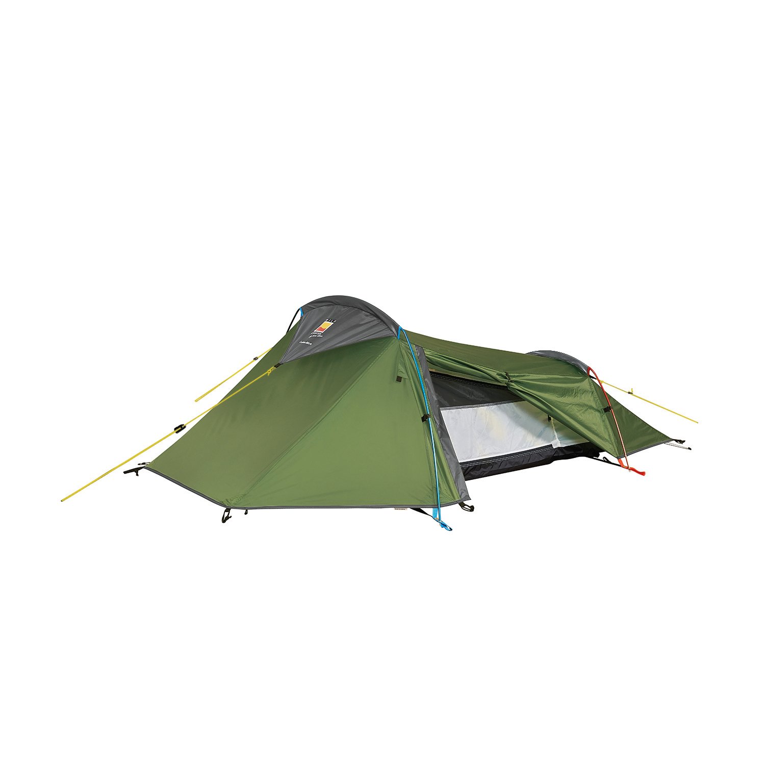 zoom_Coshee_Micro_V2-3.jpg Low-profile two-person green tunnel tent with a grey rainfly, blue poles and yellow guy lines, one side partially opened to reveal a mesh inner and black bathtub-style floor.