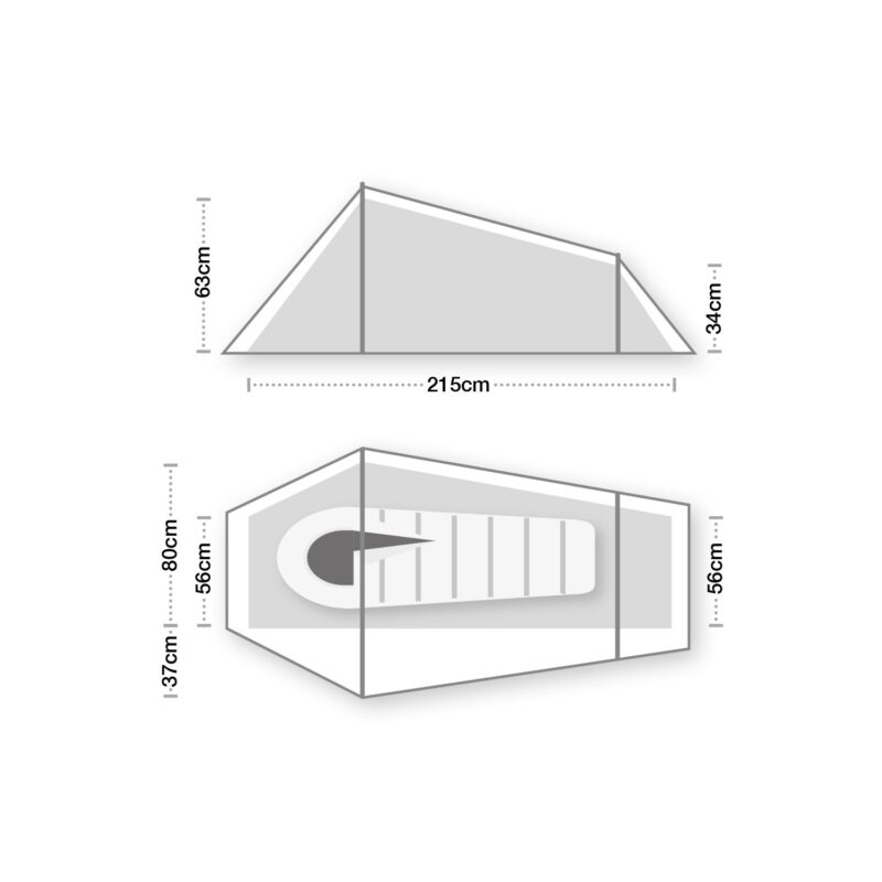 zoom_Coshee_Micro_V2_1-1.jpg Side and top schematic of a tapered one-person bivvy/tent with an illustrated sleeping bag, labelled 215 cm long, about 63 cm peak height at the head and 34 cm lower height at the foot, and an internal width tapering from roughly 80 cm at the head to about 56 cm at the foot.