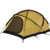 zoom_Expedition_Super_Quasar_Tent_1-1.jpg Yellow dome camping tent with a black base and mesh door, supported by crossed red and blue poles and tied-off straps, shown freestanding on a white background.