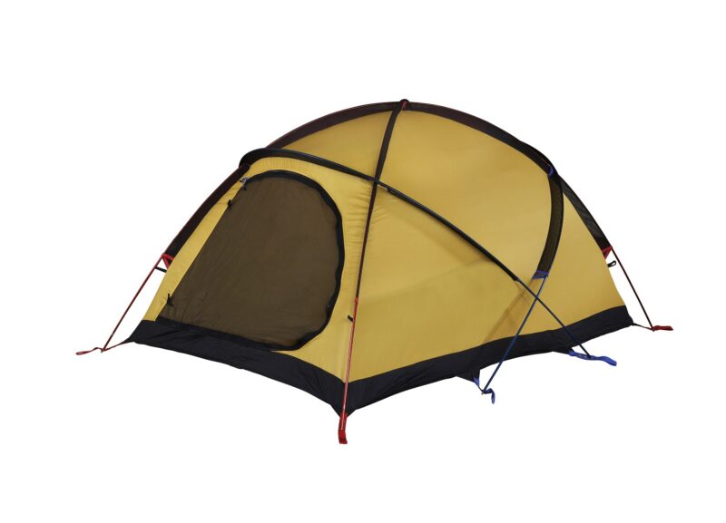 zoom_Expedition_Super_Quasar_Tent_1-1.jpg Yellow dome camping tent with a black base and mesh door, supported by crossed red and blue poles and tied-off straps, shown freestanding on a white background.