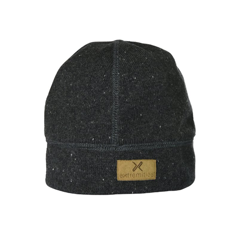 zoom_Furnace_Beanie-1.jpg Dark charcoal flecked knit beanie with visible panel seams and a folded cuff bearing a small tan leather patch embossed with the Extremities logo.