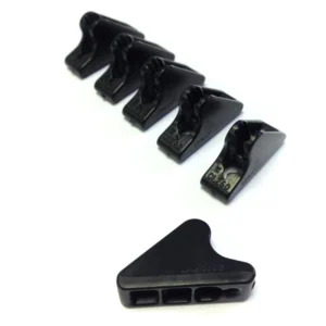 Six black plastic rope cleats on a white background: five cam-style cleats arranged diagonally in a row and one triangular base piece with three rectangular cable slots.