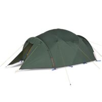 Olive-green dome-style tunnel tent with arched poles and extended front vestibule, secured by yellow guy lines and blue stake loops on a white background.