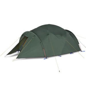 Olive-green dome-style tunnel tent with arched poles and extended front vestibule, secured by yellow guy lines and blue stake loops on a white background.