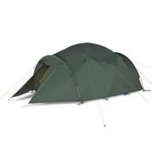 zoom_Heavy_Duty_Terra_Firma_Tent-3.jpg Olive-green dome-style tunnel tent with arched poles and extended front vestibule, secured by yellow guy lines and blue stake loops on a white background.