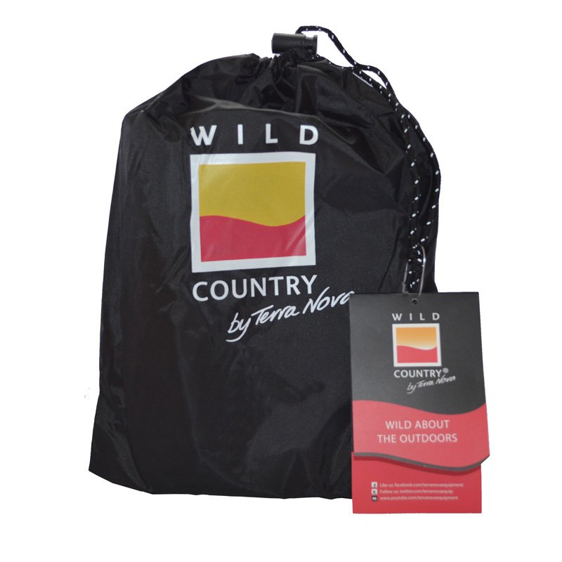 zoom_Helm_2_Footprint-3.jpg Black drawstring storage bag with a yellow-and-red square Wild Country by Terra Nova logo printed on the front and an attached black-and-red product tag reading "Wild about the outdoors".
