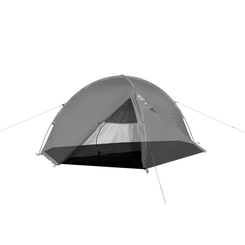 zoom_Helm_2__Helm_Compact_2_Footprint-3.jpg Two-person dome camping tent with a partially open front fly revealing a mesh inner door and dark bathtub-style floor, secured with guylines and stakes and shown isolated on a white background.