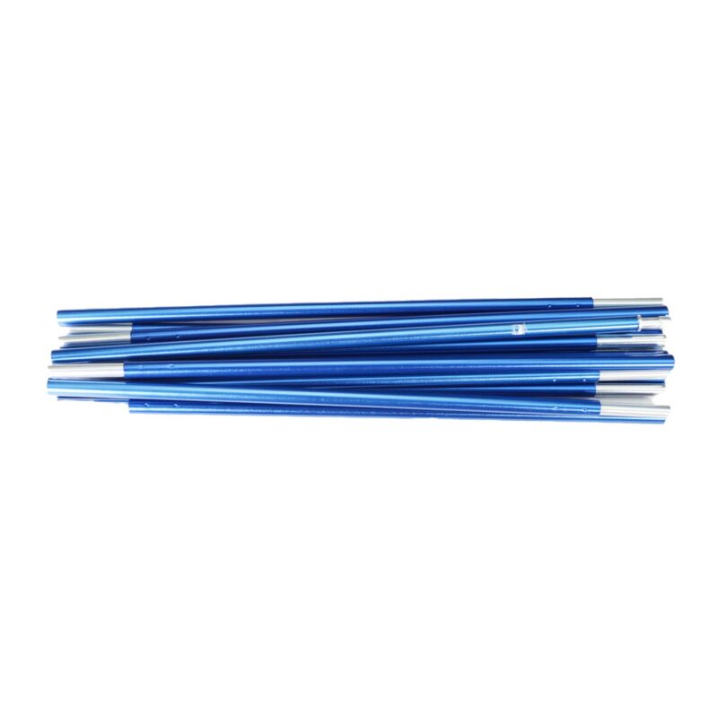 Several blue anodised aluminium tent pole segments with silver connector ends stacked horizontally on a white background.