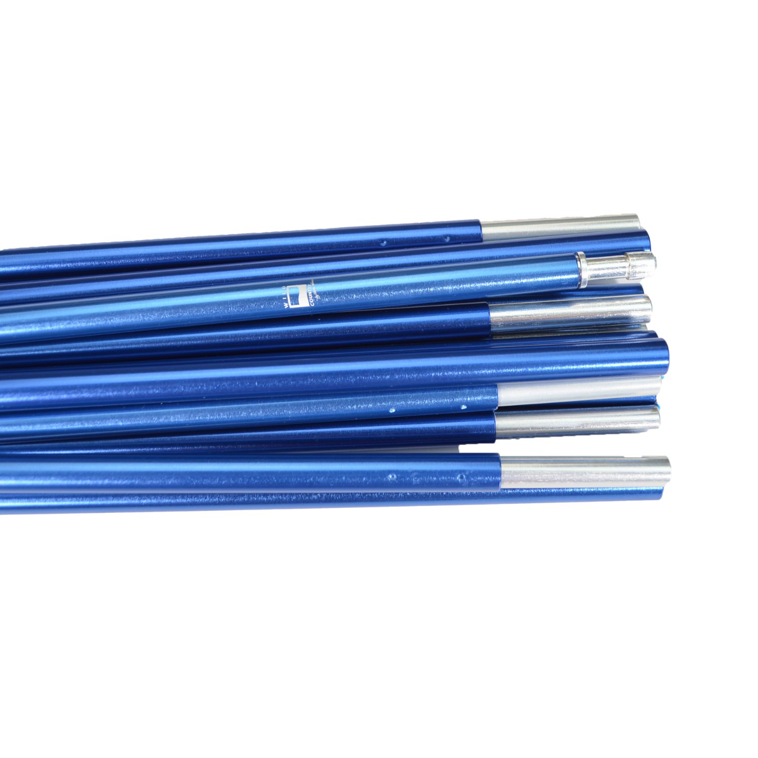 Blue anodised aluminium telescopic poles with silver end connectors stacked horizontally on a white background.
