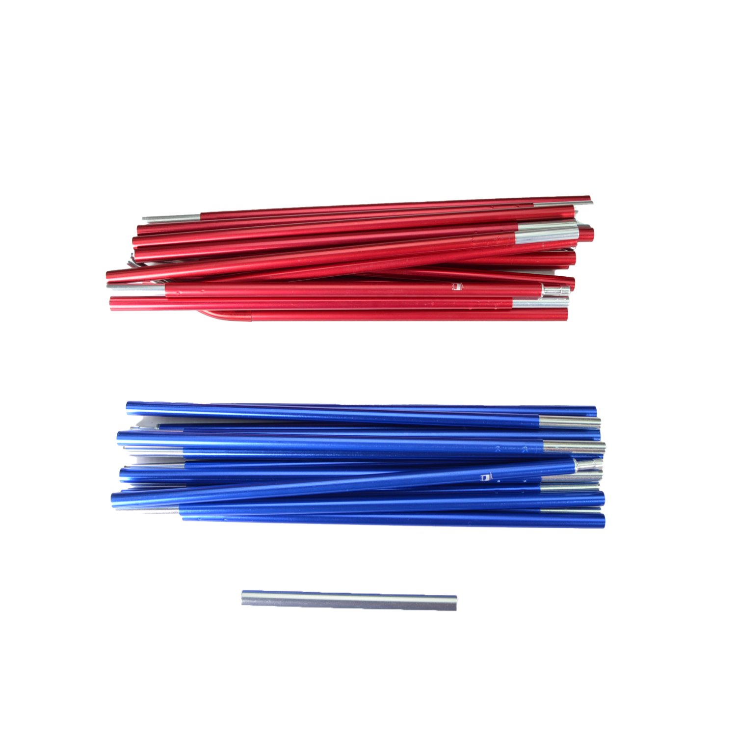 zoom_Helm_Compact_3_Pole_Set-3.jpg Bundles of segmented aluminium tent-pole sections — a red bundle at the top, a blue bundle in the middle and a single silver segment below, shown on a white background.