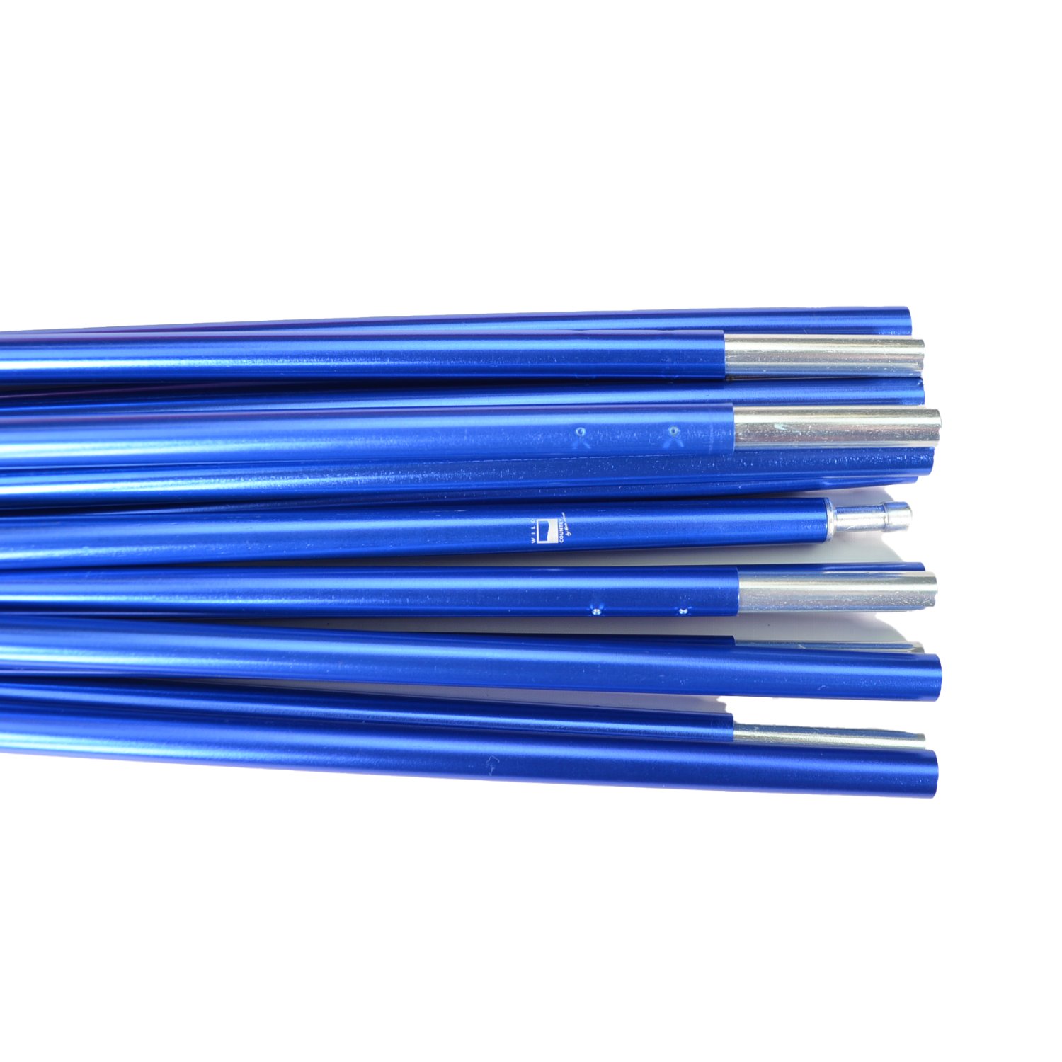 zoom_Helm_Compact_3_Pole_Set_3-3.jpg Several metallic blue tubular rods with silver connector ends stacked horizontally against a white background.