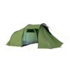zoom_Hoolie_6-1.jpg Green tunnel-style camping tent with a front vestibule and open inner sleeping compartment, supported by curved poles and bright yellow guy lines.