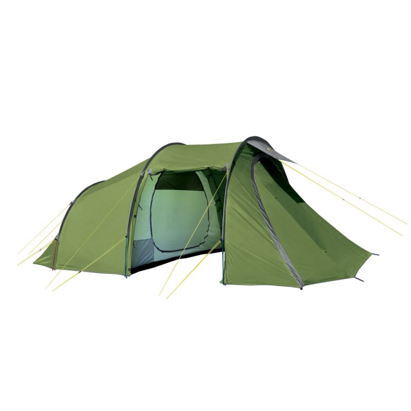 zoom_Hoolie_6-1.jpg Green tunnel-style camping tent with a front vestibule and open inner sleeping compartment, supported by curved poles and bright yellow guy lines.