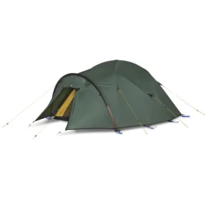 zoom_Hyperspace_Tent-3.jpg Dark green tunnel-style camping tent with an arched black pole and partially open front revealing a yellow inner, staked down with yellow guy lines and blue pegs on a white background.
