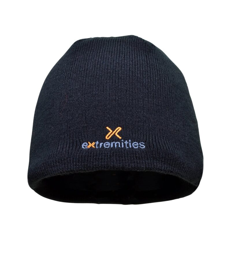 zoom_Junior_Arid_Waterproof_Beanie-1.jpg Black knitted beanie with a small orange stylised X above the embroidered word extremities in white and orange on the front.