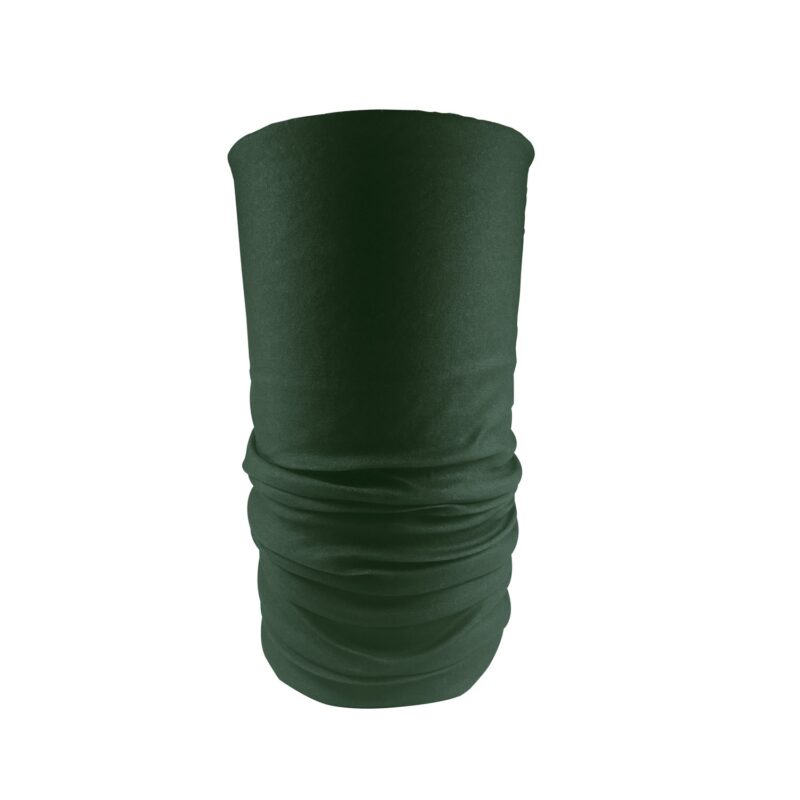 Dark forest-green tubular neck gaiter of stretchy fabric, displayed upright with soft folds along the lower half against a white background.
