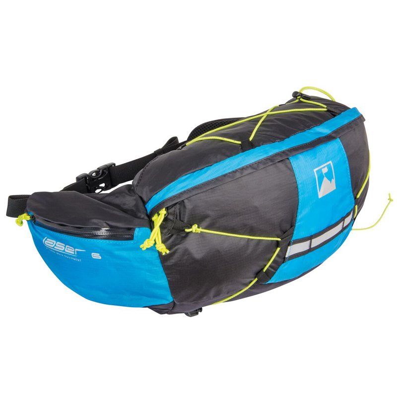 Sporty blue and black waist pack with neon-yellow bungee cords, zippered pockets, a reflective strip and an adjustable black strap.