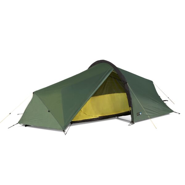 zoom_Laser_Competition_1_Flysheet-3.jpg Low-profile green tunnel-style backpacking tent with a black arched pole and guy lines, the green rainfly partially open to reveal a yellow inner sleeping area.