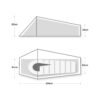 Two grey schematic views of a tapered sleeping pod: a side profile at the top with a sloping roof 82 cm high at the left and 35 cm at the right, and a lower angled/top view showing an internal mattress and pillow with overall length 220 cm and side heights 81 cm (left) and 50 cm (right).