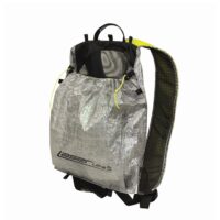 Silver crinkled ultralight backpack with drawstring closure and neon-yellow cords, black padded shoulder strap and Laser Ultra 5 logo on the front.