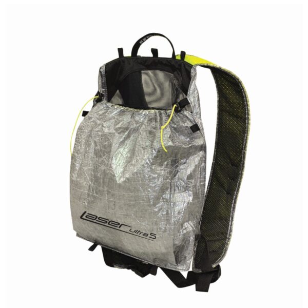 zoom_Laser_Ultra_5_Pack-1.jpg Silver crinkled ultralight backpack with drawstring closure and neon-yellow cords, black padded shoulder strap and Laser Ultra 5 logo on the front.