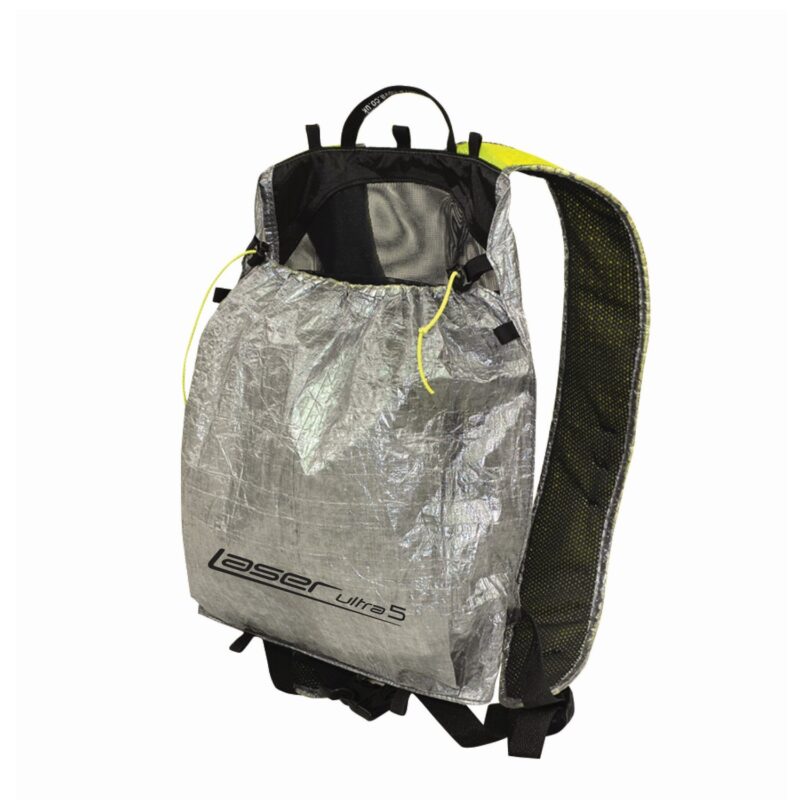 zoom_Laser_Ultra_5_Pack-1.jpg Silver crinkled ultralight backpack with drawstring closure and neon-yellow cords, black padded shoulder strap and Laser Ultra 5 logo on the front.
