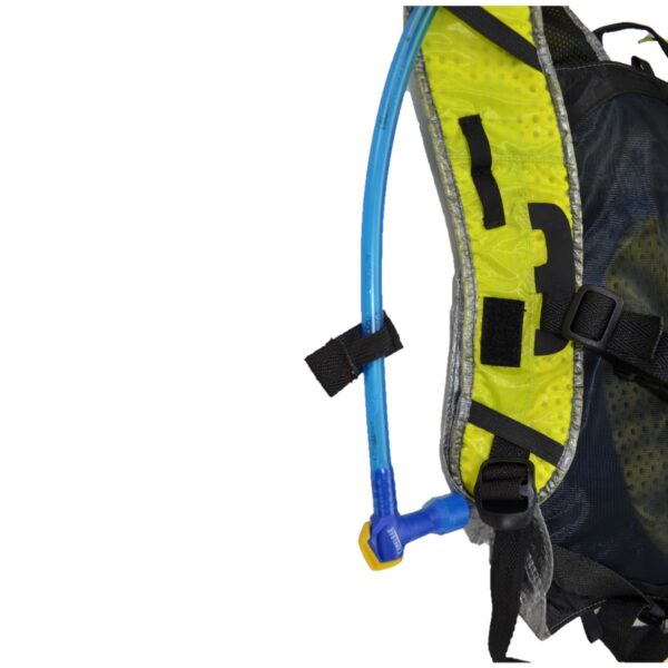 zoom_Laser_Ultra_5_Pack_2-1.jpg Padded yellow-and-grey backpack shoulder strap with an attached blue hydration tube held by a black clip and ending in a blue-and-yellow bite valve, shown against a white background.