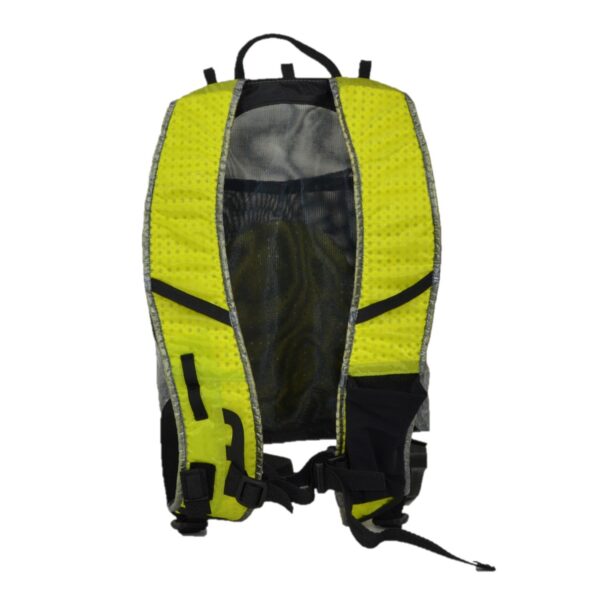 zoom_Laser_Ultra_5_Pack_4-1.jpg High-visibility yellow backpack-style safety vest with central black mesh panel, reflective silver trim and adjustable black waist and shoulder straps.