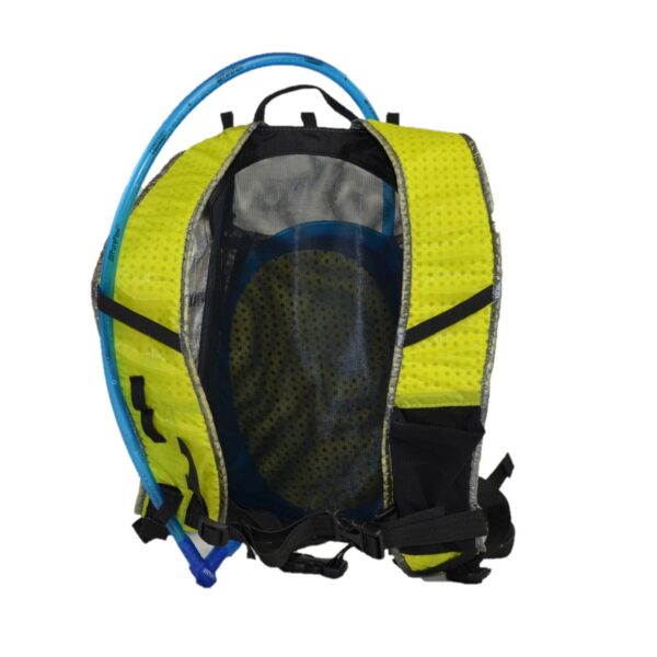 zoom_Laser_Ultra_5_Pack_5-1.jpg Rear view of a bright yellow hydration backpack with a mesh back panel, a blue drinking tube and bite valve looped over the shoulder, and black adjustable straps and buckles.