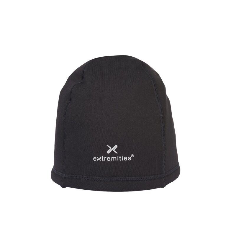 zoom_Primaloft_Stretch_Beanie-1.jpg Black snug-fitting beanie with stitched panel seams and a small white "extremities" logo printed on the front, photographed on a white background.