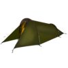 zoom_Starlite_1_Tent-3.jpg Olive-green tunnel-style backpacking tent with a taut fly and extended vestibule, a curved arch pole, a partly open front revealing a bright yellow inner tent, and visible guy lines and pegged corners.