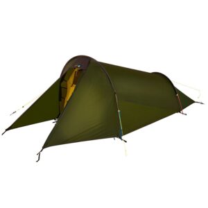 zoom_Starlite_1_Tent-3.jpg Olive-green tunnel-style backpacking tent with a taut fly and extended vestibule, a curved arch pole, a partly open front revealing a bright yellow inner tent, and visible guy lines and pegged corners.