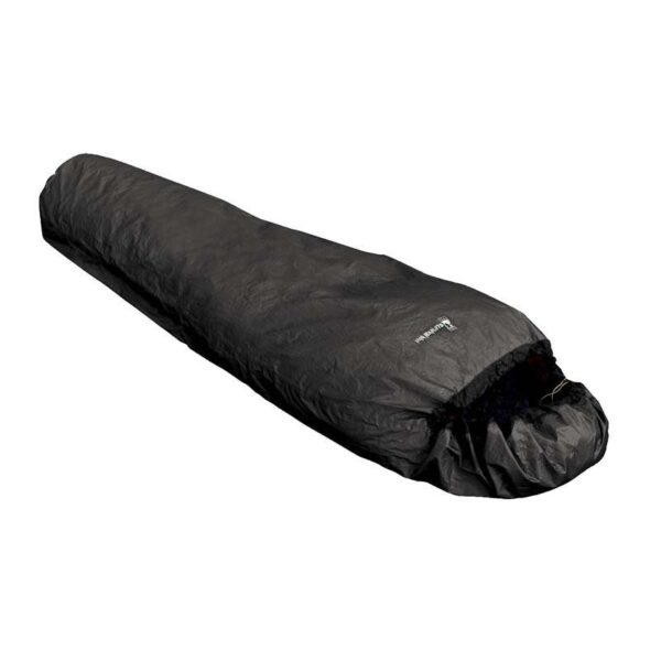 zoom_Survival_Bivi-3.jpg Black mummy-style sleeping bag with crinkled nylon shell and a drawstring hood, shown on a white background.
