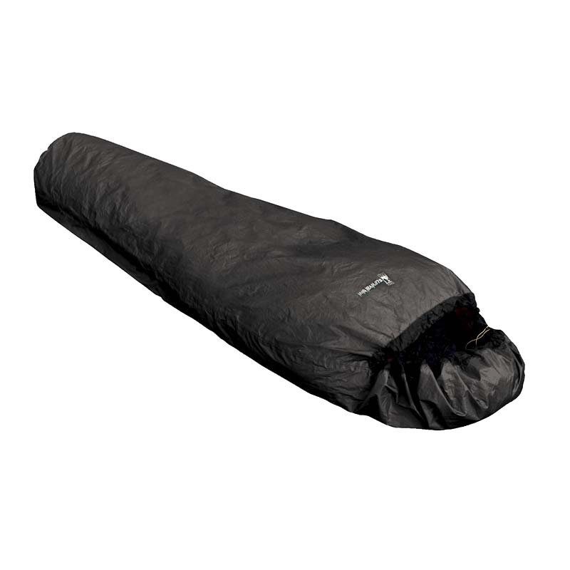 zoom_Survival_Bivi-3.jpg Black mummy-style sleeping bag with crinkled nylon shell and a drawstring hood, shown on a white background.