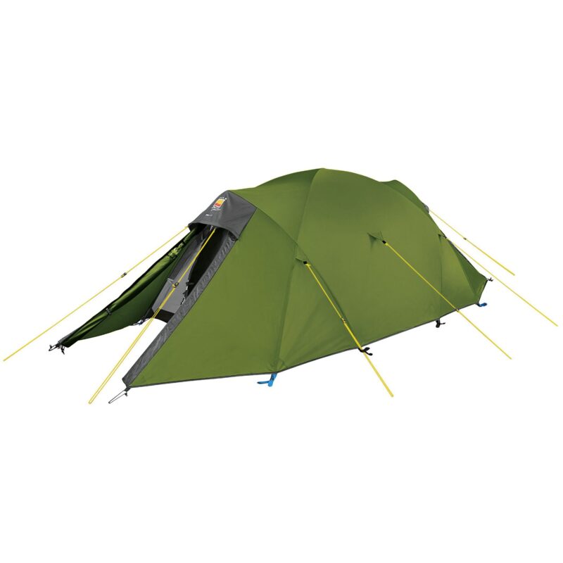 zoom_Trisar_2D-3.jpg Green dome tent with a grey front vestibule and bright yellow guy lines, shown pitched with one door open against a white background.
