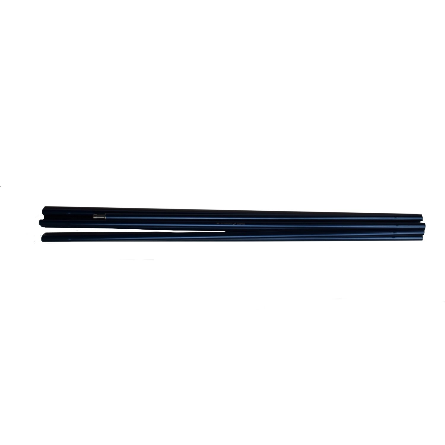 Four dark-blue metal pole sections arranged horizontally on a white background, showing connector ends and a glossy finish.