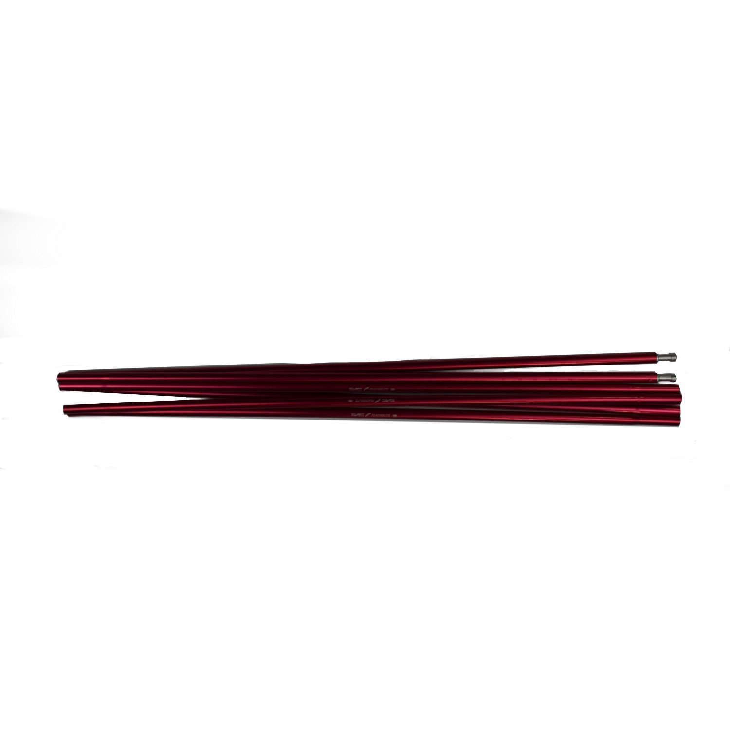 zoom_Ultra_Quasar_Pole_Set_2-3.jpg Several red aluminium tent pole sections with metal connectors laid parallel on a white background.