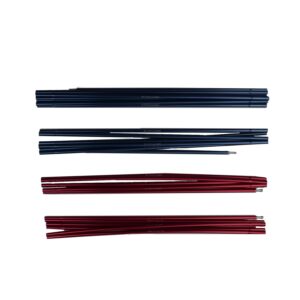 zoom_Ultra_Quasar_Pole_Set_4-3.jpg Four bundles of collapsed aluminium tent-pole sections—two navy blue bundles at the top and two red bundles below—laid horizontally on a white background with visible metal ferrule ends.