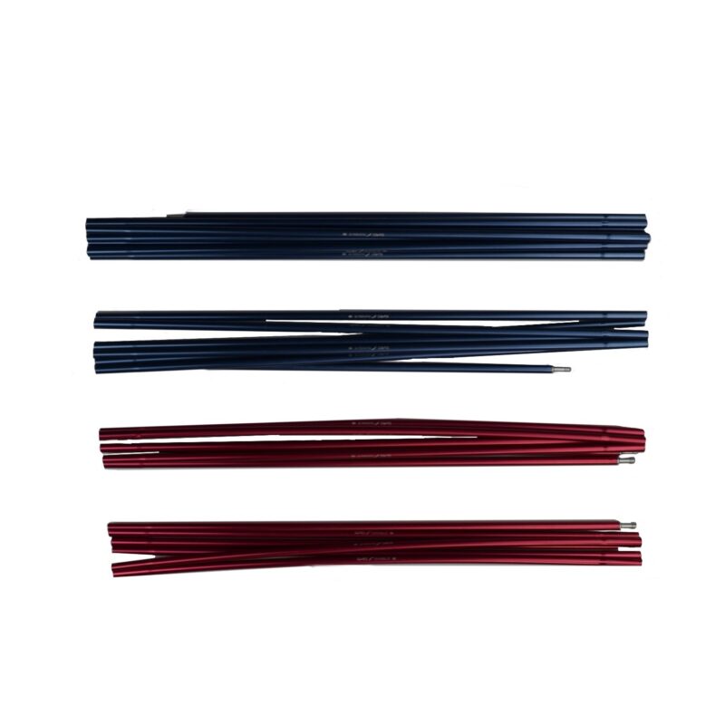 zoom_Ultra_Quasar_Pole_Set_4-3.jpg Four bundles of collapsed aluminium tent-pole sections—two navy blue bundles at the top and two red bundles below—laid horizontally on a white background with visible metal ferrule ends.