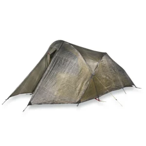 Low-profile ultralight two-person tent in silvery translucent laminated fabric with a tunnel-like shape, extended front vestibule and visible guy lines and stake points.