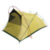 Yellow dome-style camping tent for two with a mesh doorway, green groundsheet trim and contrasting red and silver crossed poles supporting the taut rainfly