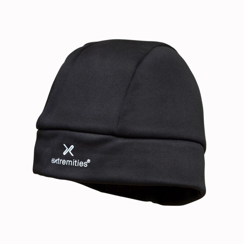 zoom_Waterproof_Power_Liner_Beanie-1.jpg Black fitted beanie with a folded cuff bearing a white "extremities" wordmark and a small stylised X logo, shown on a plain white background.