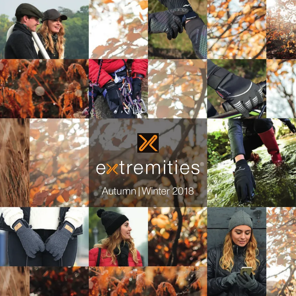 Collage showcasing Extremities Autumn/Winter 2015 collection, featuring outdoor gloves, hats, and models in autumn settings with fall foliage.
