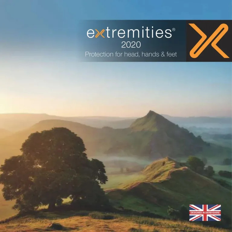 Scenic landscape featuring rolling hills and a lone tree at sunrise, representing the Extremities 2020 collection. The image includes the Extremities logo and a British flag, emphasizing outdoor apparel and gear.